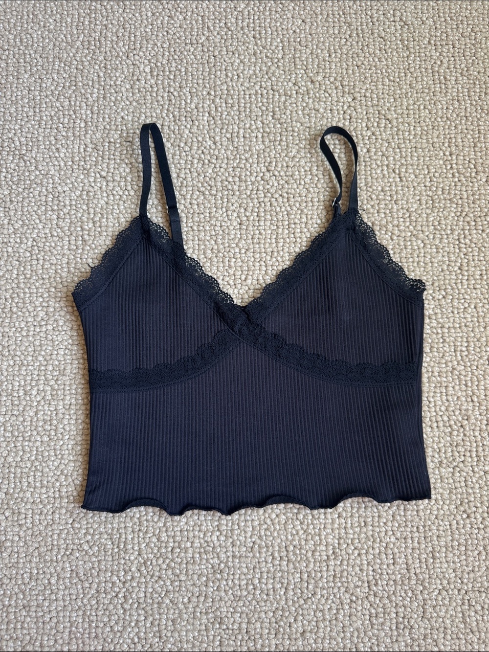 Divided Black Ribbed Lace Trim Cami
